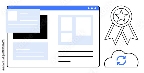 Web interface layout with content blocks, award badge, and cloud sync. Ideal for user interface, technology, innovation, achievement, data processing, website design simple flat metaphor