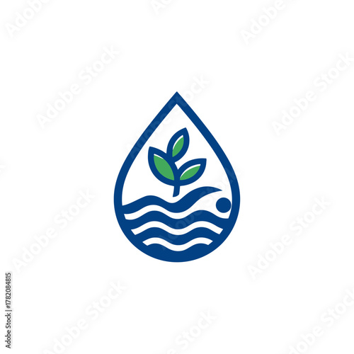 Water drop with growing green plant and waves, symbolizing nature, sustainability, ecology, and environmental care concept