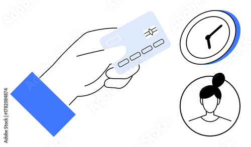 Hand holding a credit card, a clock for time, and a female profile suggesting identity or user. Ideal for banking, payments, financial concepts, time management, identity, e-commerce simple flat