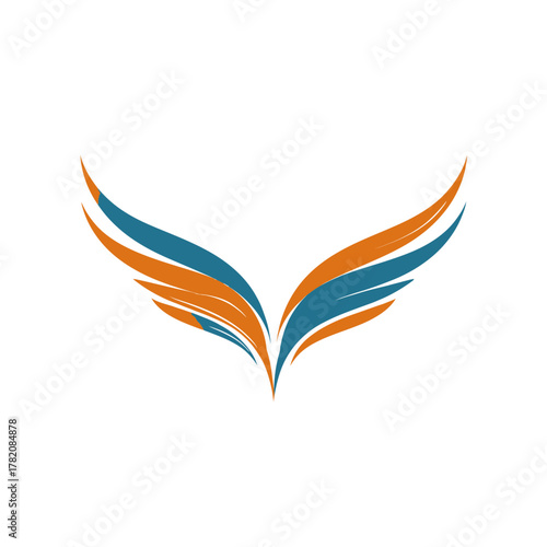 Abstract artistic wings logo design in vibrant blue and orange, symbolizing flight, freedom, speed, elegance, and success.