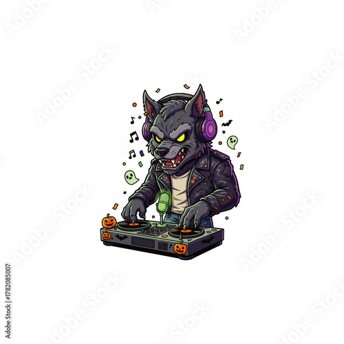 Werewolf DJ with headphones and vinyl disc icon flat vector design.