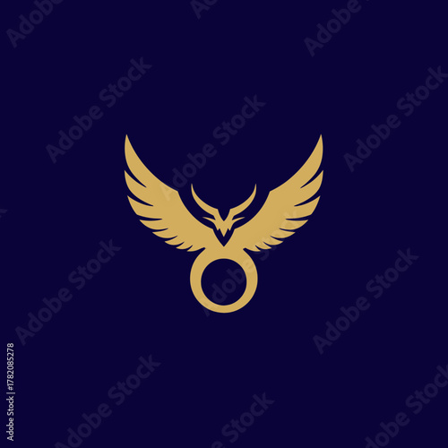Majestic golden winged creature with horns, an elegant mythical beast symbol against a deep blue background. Abstract fantasy emblem.