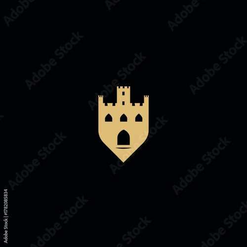 Elegant golden medieval castle icon within a shield emblem, symbolizing strength, protection, and history on black background