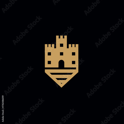 Golden Minimalist Castle Fortress Icon Design on Black Background, Ancient Fortification Building Symbol