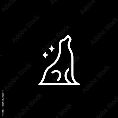 Minimalist Outline Illustration of a Howling Dog or Wolf with Stars on Black Background, Simple Canine Line Art