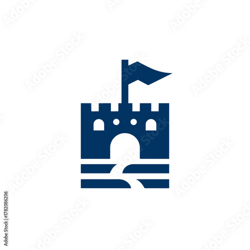 Minimalist dark blue castle icon with flag and water moat. Vector graphic design element representing security, fantasy, history, and strength.