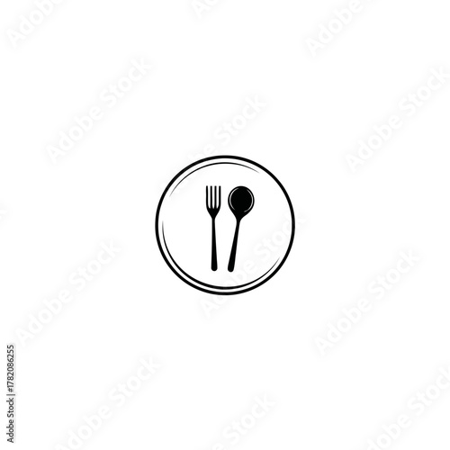 Minimalist Fork and Spoon Icon in Circular Frame for Restaurant, Dining, and Food Service Design