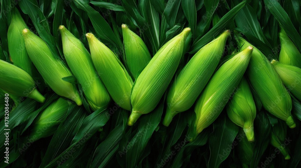 Fototapeta premium Group of corn cobs lying on top of a bed of green leaves. the cobs are arranged in a scattered manner, with some overlapping each other. the leaves are long and slender, with a pointed tip at the top.