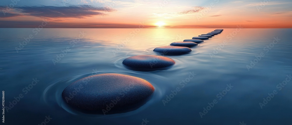 Obraz premium Smooth stepping stones forming a path across calm water towards a serene sunset with soft clouds and pastel colors
