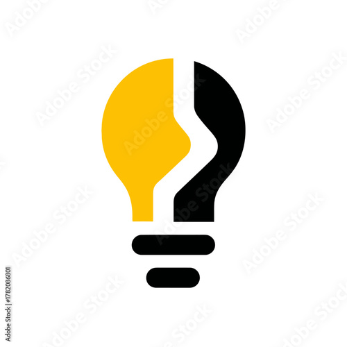 Creative Lightbulb Icon with Yellow and Black Halves, Split by a Zigzag Line, Symbolizing Idea, Energy, Innovation, and Problem Solving