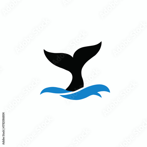 Stylized whale tail emerging from blue ocean waves, a minimalist graphic representation of marine life and aquatic adventure.