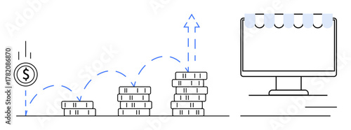 Falling coin stacks grow incrementally, symbolizing financial growth and investment next to a computer, ideal for business, trading, savings, profit, e-commerce, wealth, digital economy simple flat