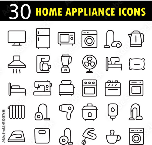 Home appliances vector set, household electronics outline icons, kitchen device line art collection, domestic equipment minimal illustrations, electric tools modern design bundle