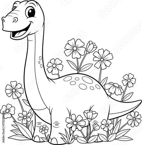Cute dinosaur among flowers coloring page