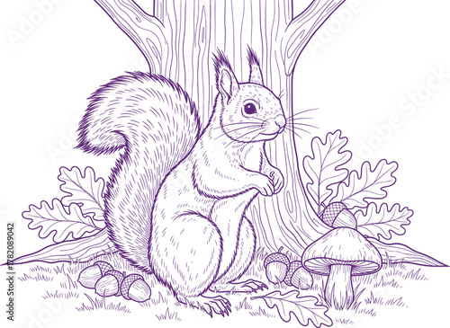 A whimsical line drawing of a squirrel nestled amongst a pile of autumn leaves, with a hint of a tree trunk in the background. The style is reminiscent of a sketch or a coloring page,