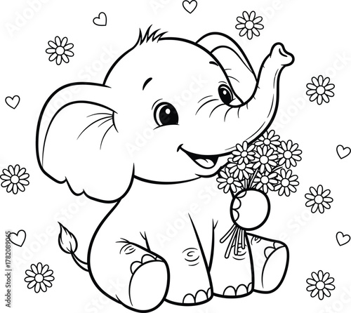 Cute baby elephant with flowers coloring page