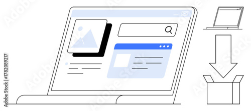 Laptop screen displaying web interface for image search and file organization. Arrow directs downloaded content to a box. Ideal for technology, content management, productivity, data storage, digital