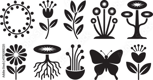 Abstract botanical symbols set featuring stylized flora elements flowering plants roots stem butterfly and tree