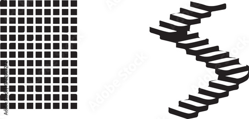 Abstract geometric grid pattern and winding staircase silhouette graphic design elements