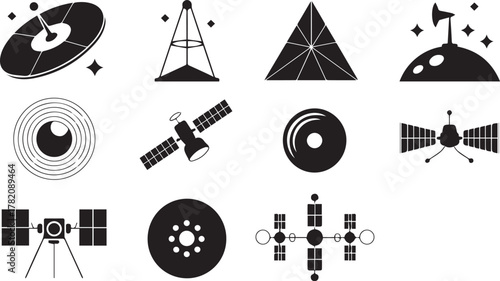 Cosmic exploration icons set for satellite technology space communication equipment