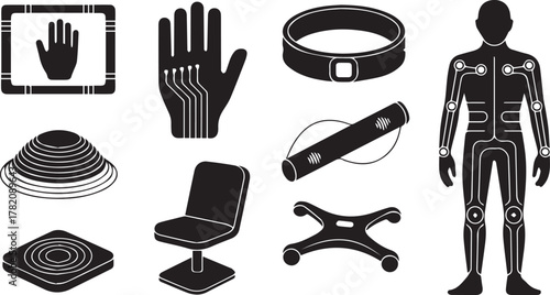 Futuristic technology icon collection featuring wearable devices sensors cybernetic body and biometric hand