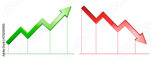 Green up and red down 3d arrow graph showing rising, descending trend, business result, profit or loss symbol symbol. Business arrow, goals concept. 3d world money symbols. Financial growth vector 