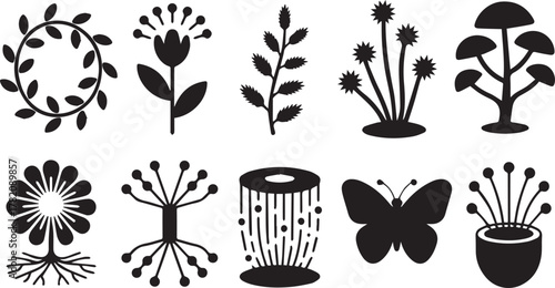 Modern abstract plant icon collection featuring stylized flora element silhouettes leaf stem and small insect