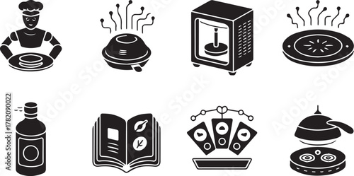 Smart kitchen technology icon set featuring robotic chef automated food printer and modern appliances silhouette