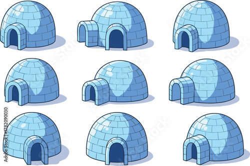 Collection of cartoon igloos made from ice blocks, arctic snow domes in multiple angles and styles, traditional winter shelter illustration