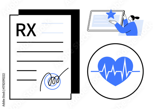 Medical prescription document with signature, heart symbol with ECG line, and person evaluating a digital star rating. Ideal for healthcare, telemedicine, e-prescription, cardiology, medical reviews