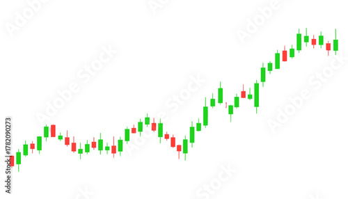 Green and red candlestick chart showing an uptrend isolated on transparent background