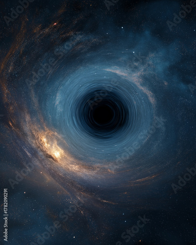 Dark cosmic space scene massive black hole swirling galaxy light distant star planet.