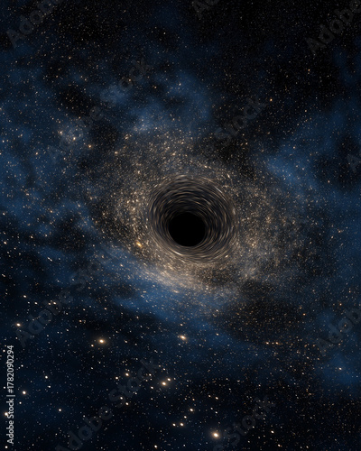 Dark cosmic space scene massive black hole swirling galaxy light distant star planet.