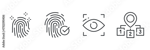 Fingerprint security icons: biometrics, verification, eye scan, location tracking