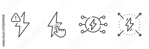 Electricity icons: caution, touch, connection, expansion - line art symbols