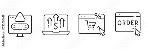 E-commerce icons: security alert, price increase, shopping cart, order confirmation