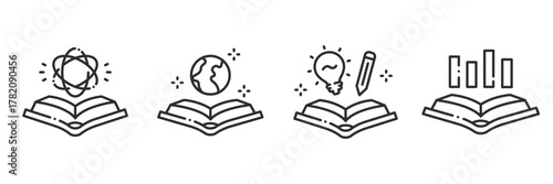 Icons of science, earth, ideas, and data over open books
