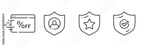 Set of icons: discount, user, star, checkmark on shields
