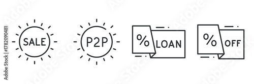 Simple black and white icons for sale, p2p, loan, and discount offers