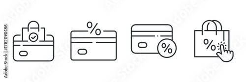 Shopping and discount icon set featuring cards and bags with percentage symbols