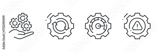 Gear icons representing hand support, process update, performance gauge, and alert system