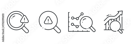Data analysis icons: magnifying glass, alerts, graphs, and trends