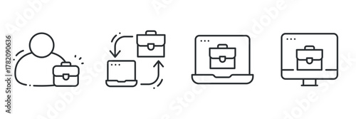 Line art icons of business briefcase with laptop and monitor