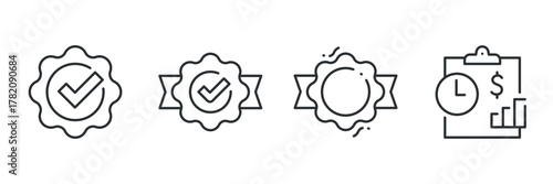 Linear badge icons: checkmark, ribbon, and financial chart symbols