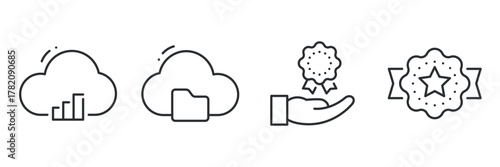 Cloud data storage and achievement award icons set in minimalist style