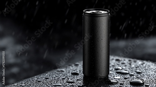 Tall Black Can with Water Droplets Standing on a Dark, Wet , Reflecting Light in a Monochrome Setting
