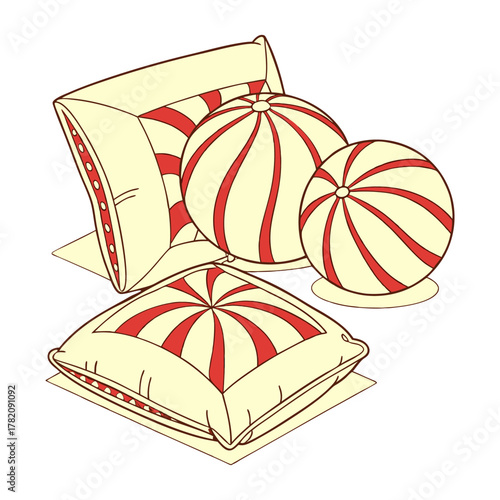 Cozy Pillows Cartoon Style Vector Illustration Set. Decorative Cushions with Stripes and Circles for Home Decor, Bedroom Interior. Comfort Sleep Icon Isolated elements. 