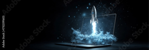 Open laptop rocket launch screen digital innovation startup success banner.