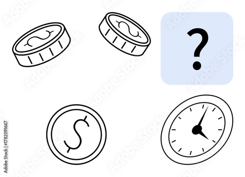 Coins spinning, stationary, clock face, and a question mark in blue square reflect choice, value, and time. Ideal for finance, uncertainty, time management decision-making evaluation planning