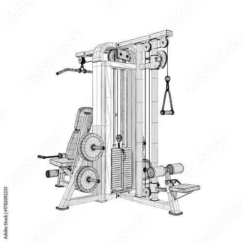 Detailed gym equipment wireframe vector illustration on transparent background